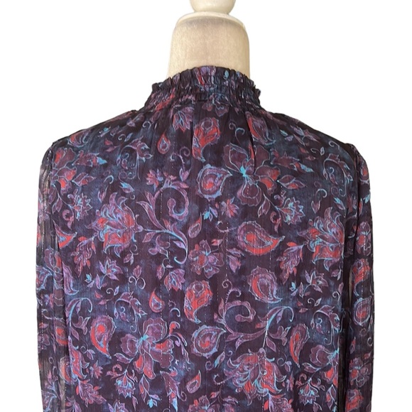 JOIE Purple Floral Metallic Silver Smocked High Neck Balloon Sleeve Blouse - M - Picture 6 of 12